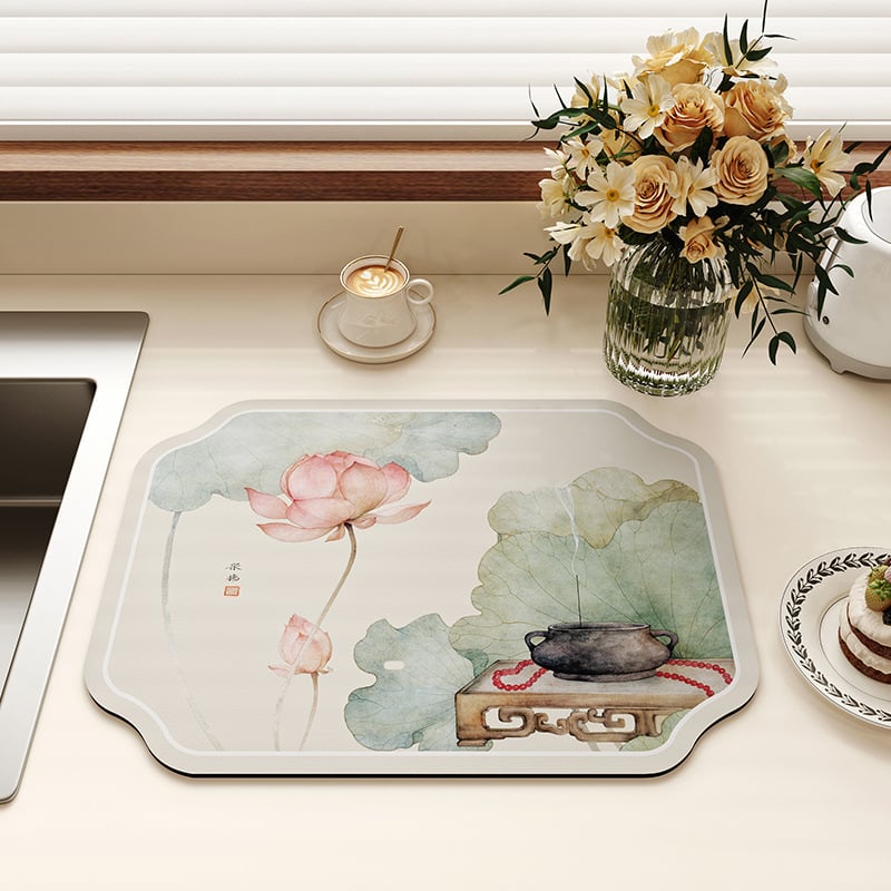 Кухненска подложка със специална форма от диатомитна глина, флорална шарка, абсорбираща, противохлъзгаща, дренажна, ръчно пране