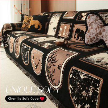 Chenille anyagú kanapévédő huzat szekcionált kanapéhoz, mediterrán stílus, pad-típusú, por- és macskakarcolás elleni védelem