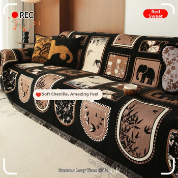 Chenille anyagú kanapévédő huzat szekcionált kanapéhoz, mediterrán stílus, pad-típusú, por- és macskakarcolás elleni védelem