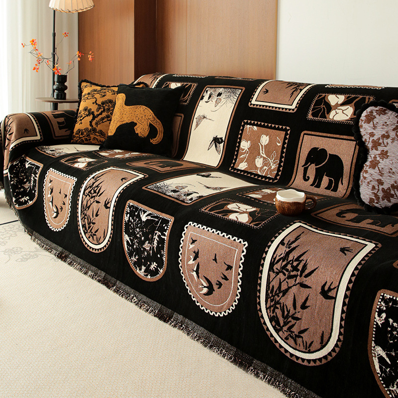 Chenille anyagú kanapévédő huzat szekcionált kanapéhoz, mediterrán stílus, pad-típusú, por- és macskakarcolás elleni védelem