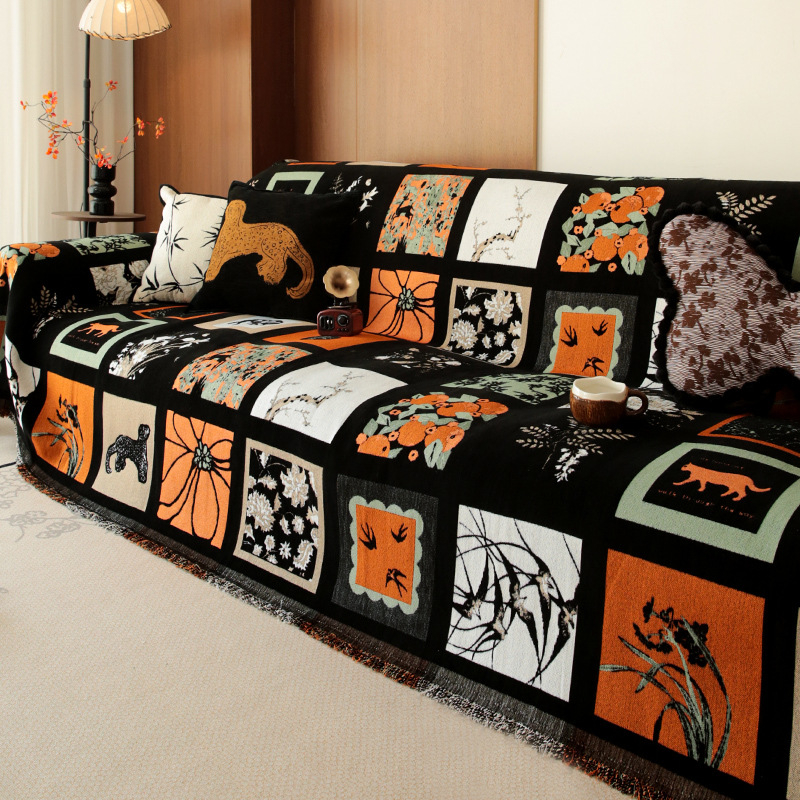 Chenille anyagú kanapévédő huzat szekcionált kanapéhoz, mediterrán stílus, pad-típusú, por- és macskakarcolás elleni védelem