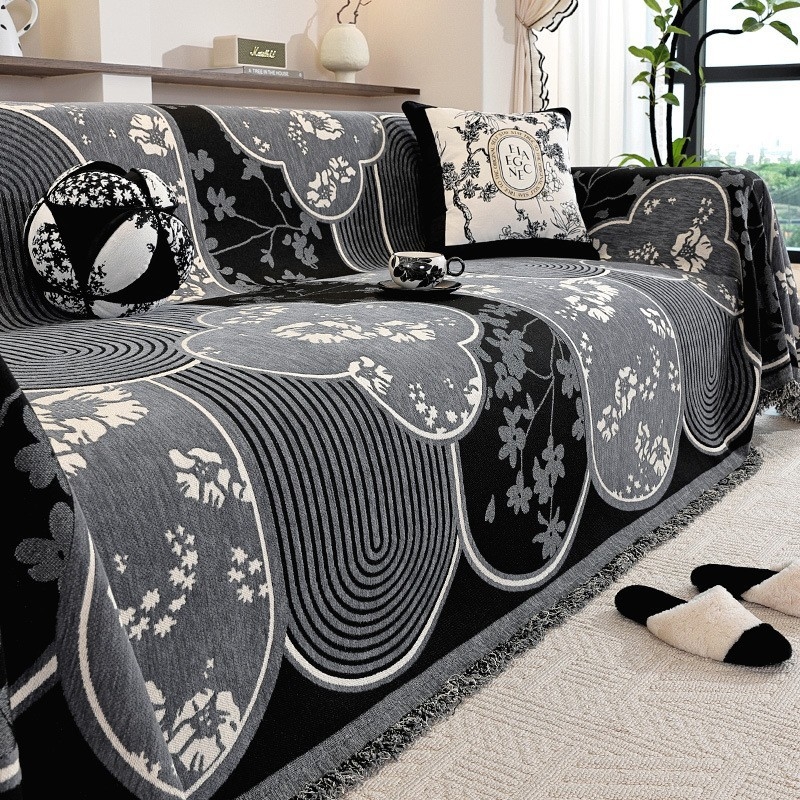 Chenille anyagú kanapévédő huzat szekcionált kanapéhoz, mediterrán stílus, pad-típusú, por- és macskakarcolás elleni védelem