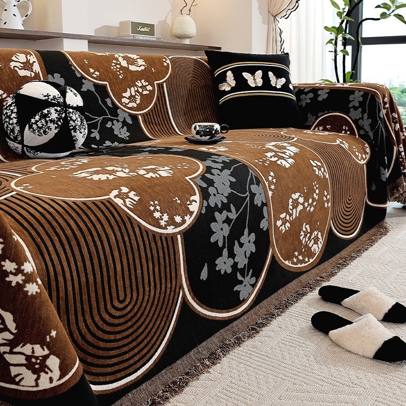 Chenille anyagú kanapévédő huzat szekcionált kanapéhoz, mediterrán stílus, pad-típusú, por- és macskakarcolás elleni védelem