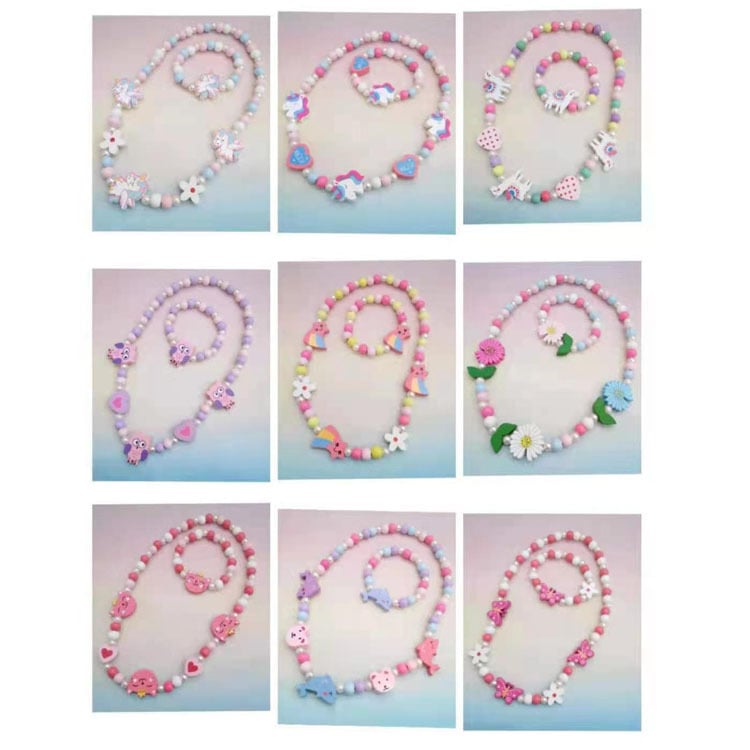 Bērnu koka pērlīšu kaklarota un rokassprādze komplekts, karikatūru dzīvnieku motīvi, bumbiņu ķēde, 6–10 gadu vecumam