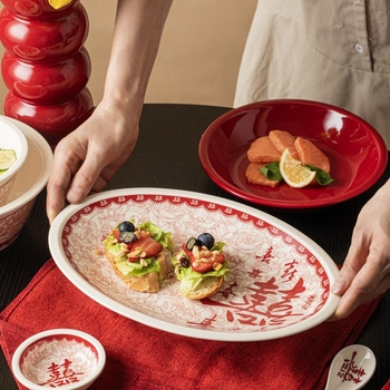 Tongfa keraminė valgio patiekalų rinkinys – dubenėliai ir lėkštės, apvalios formos, po glazūra, tinkamas mikrobangų krosnelėje, naujas Kinijos stilius