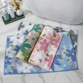 Chenille nyomtatott padlómat fürdőszobához és bejárathoz, négyzetes, virágminta, testreszabható nyomat, gépi mosás