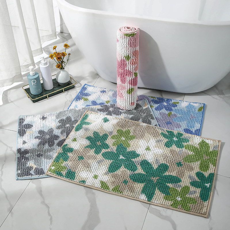 Chenille nyomtatott padlómat fürdőszobához és bejárathoz, négyzetes, virágminta, testreszabható nyomat, gépi mosás