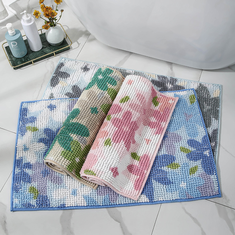 Chenille nyomtatott padlómat fürdőszobához és bejárathoz, négyzetes, virágminta, testreszabható nyomat, gépi mosás