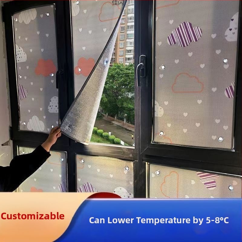 Loga stikla izolācijas plēve ar sūkņa āķīšiem – saules aizsargs guļamistabai un balkonam, Pearl cotton (EPE) materiāls, elektrostatiskā līmēšana, mūsdienīgs stils