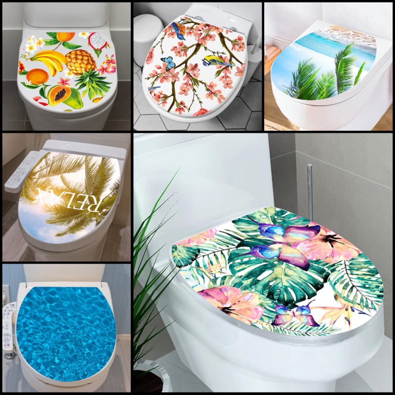 Wc sienas uzlīme – tropiska pludmales dekors, pašlīmējošs PVC, karikatūras stils, vannas istabai