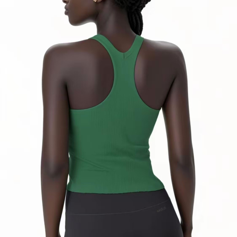 Sieviešu jogas topiņš no Spandex-Nylon auduma, ātri žūst, ar krūšu spilventiņiem, I-veida mugura, garums 46 cm