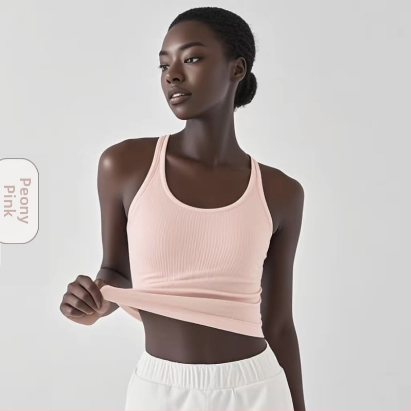 Sieviešu jogas topiņš no Spandex-Nylon auduma, ātri žūst, ar krūšu spilventiņiem, I-veida mugura, garums 46 cm