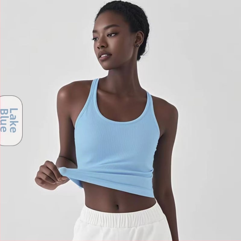 Sieviešu jogas topiņš no Spandex-Nylon auduma, ātri žūst, ar krūšu spilventiņiem, I-veida mugura, garums 46 cm