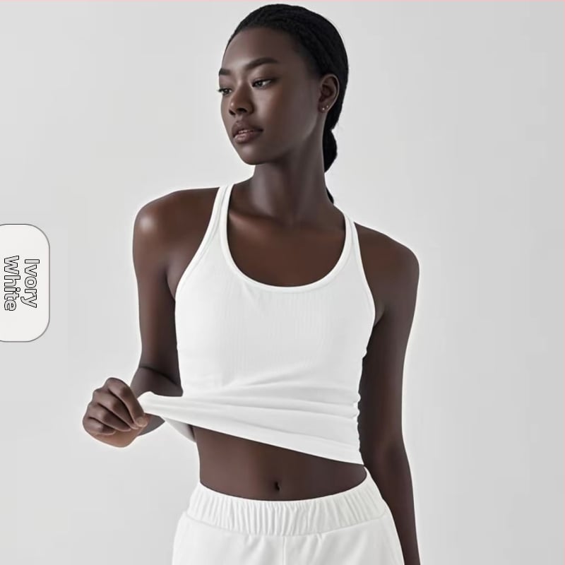 Sieviešu jogas topiņš no Spandex-Nylon auduma, ātri žūst, ar krūšu spilventiņiem, I-veida mugura, garums 46 cm