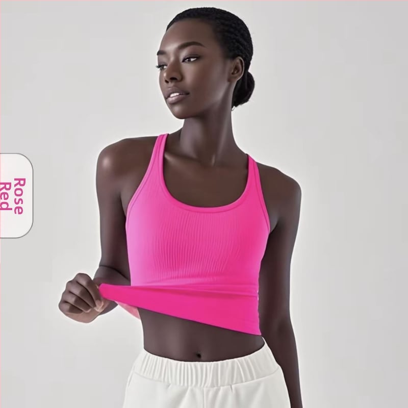 Sieviešu jogas topiņš no Spandex-Nylon auduma, ātri žūst, ar krūšu spilventiņiem, I-veida mugura, garums 46 cm