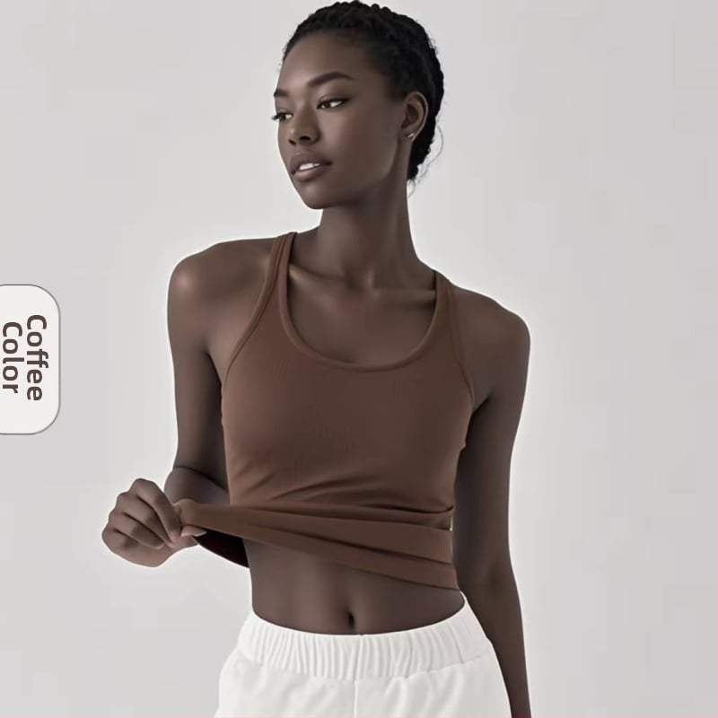 Sieviešu jogas topiņš no Spandex-Nylon auduma, ātri žūst, ar krūšu spilventiņiem, I-veida mugura, garums 46 cm