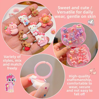 Bērnu Kuromi gredzens – karikatūras stilā, plastmasa/resīns, rozā kvarca kristāls, vecums 3–10 gadi, štancēšanas tehnika