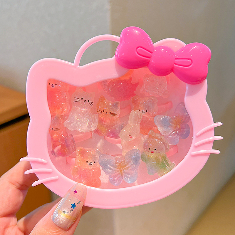 Bērnu Kuromi gredzens – karikatūras stilā, plastmasa/resīns, rozā kvarca kristāls, vecums 3–10 gadi, štancēšanas tehnika