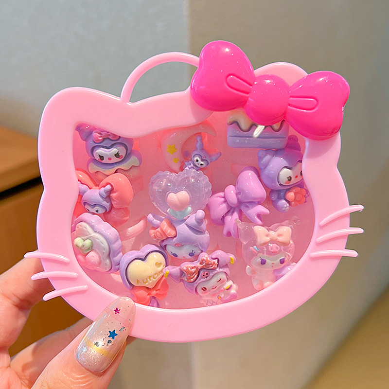 Bērnu Kuromi gredzens – karikatūras stilā, plastmasa/resīns, rozā kvarca kristāls, vecums 3–10 gadi, štancēšanas tehnika