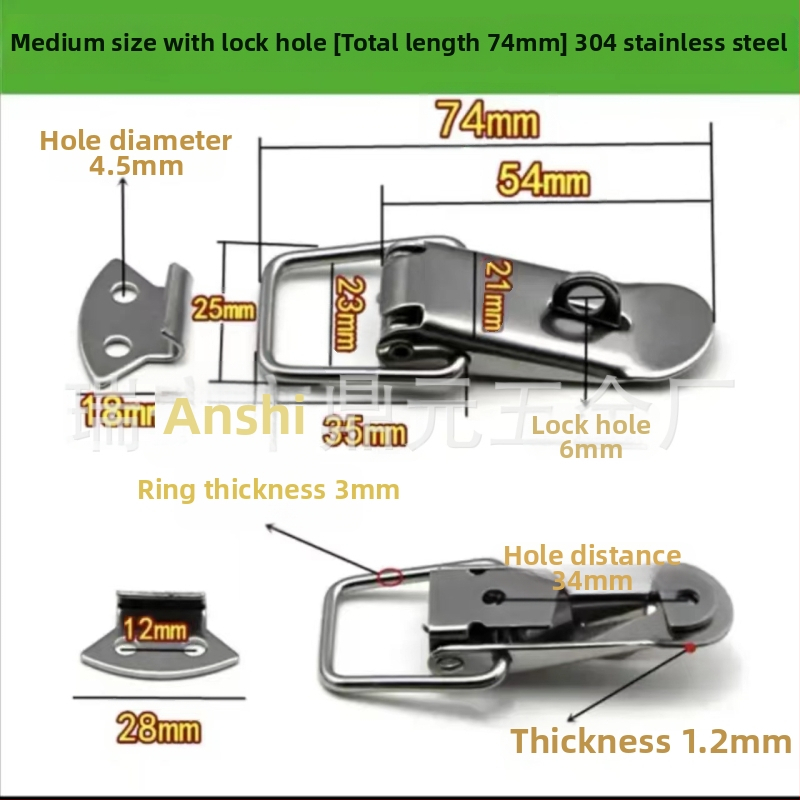 304 nerūsējošā tērauda pavasara aizvērums, smags aizvērums koka kastēm, moderns minimālisma stils, svars 100, iespējama apstrādes pielāgošana