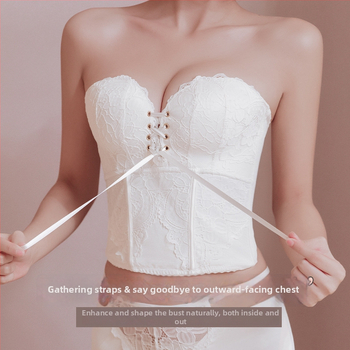 Bezšuvju veidojošs krūšturis kāzu kleitai — mežģīne uz neilona pamata, augšējie plānie un apakšējie biezāki veidojošie kausi, noņemamās dubultās siksnas, aizmugurē piecu rindu aizdare