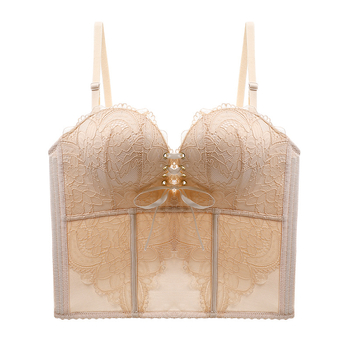 Bezšuvju veidojošs krūšturis kāzu kleitai — mežģīne uz neilona pamata, augšējie plānie un apakšējie biezāki veidojošie kausi, noņemamās dubultās siksnas, aizmugurē piecu rindu aizdare