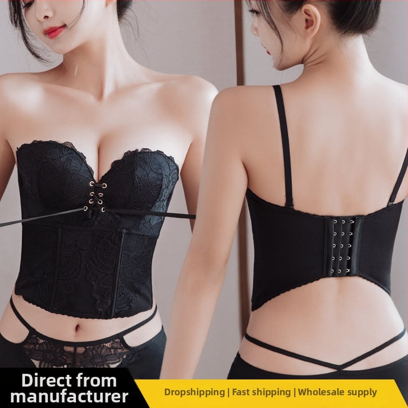 Bezšuvju veidojošs krūšturis kāzu kleitai — mežģīne uz neilona pamata, augšējie plānie un apakšējie biezāki veidojošie kausi, noņemamās dubultās siksnas, aizmugurē piecu rindu aizdare