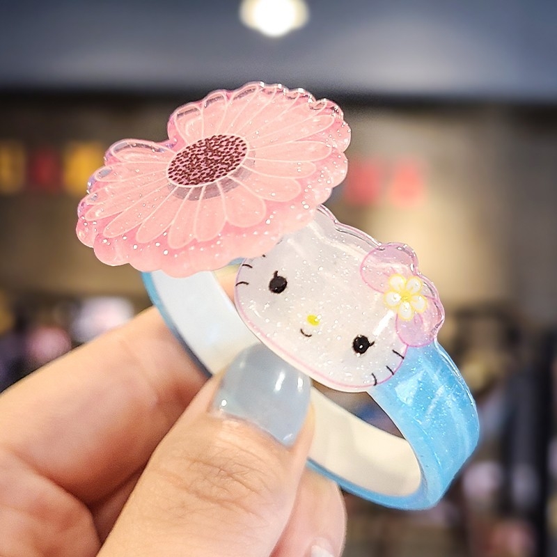 Bērnu plastmasas rokassprādze ar karikatūras motīvu: zieds un truša motīvs — rokdarbs, materiāls: plastmasa/resīns, bez uzstādēm, vecums 3–10 gadi