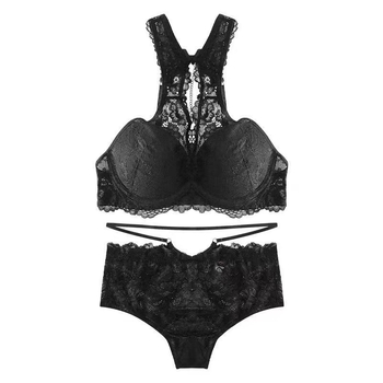 Mežģīnīgs halter krūšturis ar plānām veidotām kausiem, pilnas krūšu kauss, aizmugurējā dubultrindu sprādze, regulējams