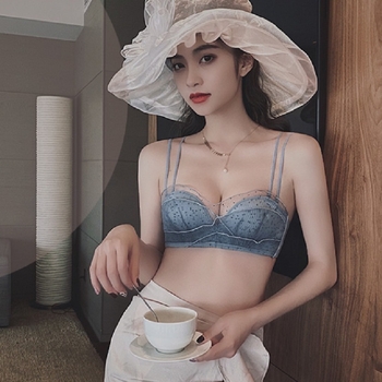 Mežģīņu bezvadu krūšturis komplekts mazam krūtīm — 3/4 kauss, augšējā plāna un apakšējā bieza kauss, noņemamās dubultās siksnas