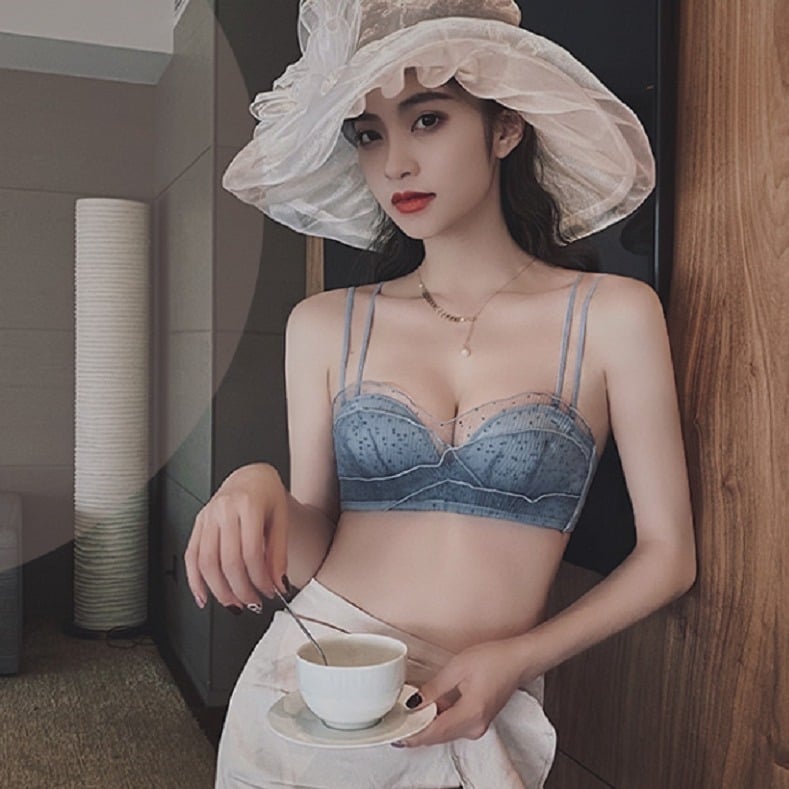 Mežģīņu bezvadu krūšturis komplekts mazam krūtīm — 3/4 kauss, augšējā plāna un apakšējā bieza kauss, noņemamās dubultās siksnas