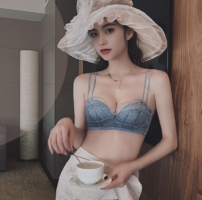 Mežģīņu bezvadu krūšturis komplekts mazam krūtīm — 3/4 kauss, augšējā plāna un apakšējā bieza kauss, noņemamās dubultās siksnas