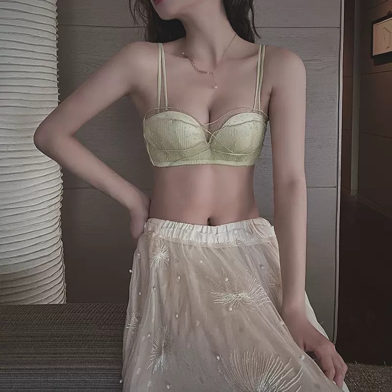 Mežģīņu bezvadu krūšturis komplekts mazam krūtīm — 3/4 kauss, augšējā plāna un apakšējā bieza kauss, noņemamās dubultās siksnas