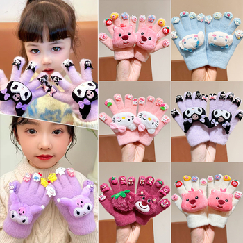 Bērnu ziemas cimdi ar pieciem pirkstiem, pūkaini, karikatūru raksts, atdalīti pirksti, universāls, vecums 3–8 gadi