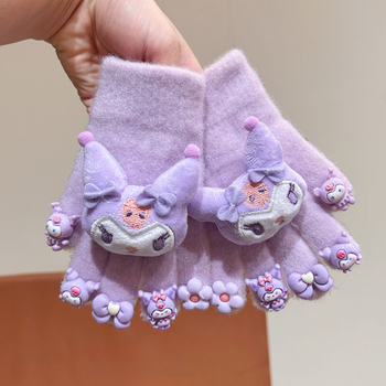 Bērnu ziemas cimdi ar pieciem pirkstiem, pūkaini, karikatūru raksts, atdalīti pirksti, universāls, vecums 3–8 gadi