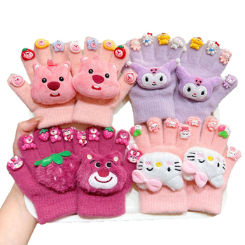 Bērnu ziemas cimdi ar pieciem pirkstiem, pūkaini, karikatūru raksts, atdalīti pirksti, universāls, vecums 3–8 gadi