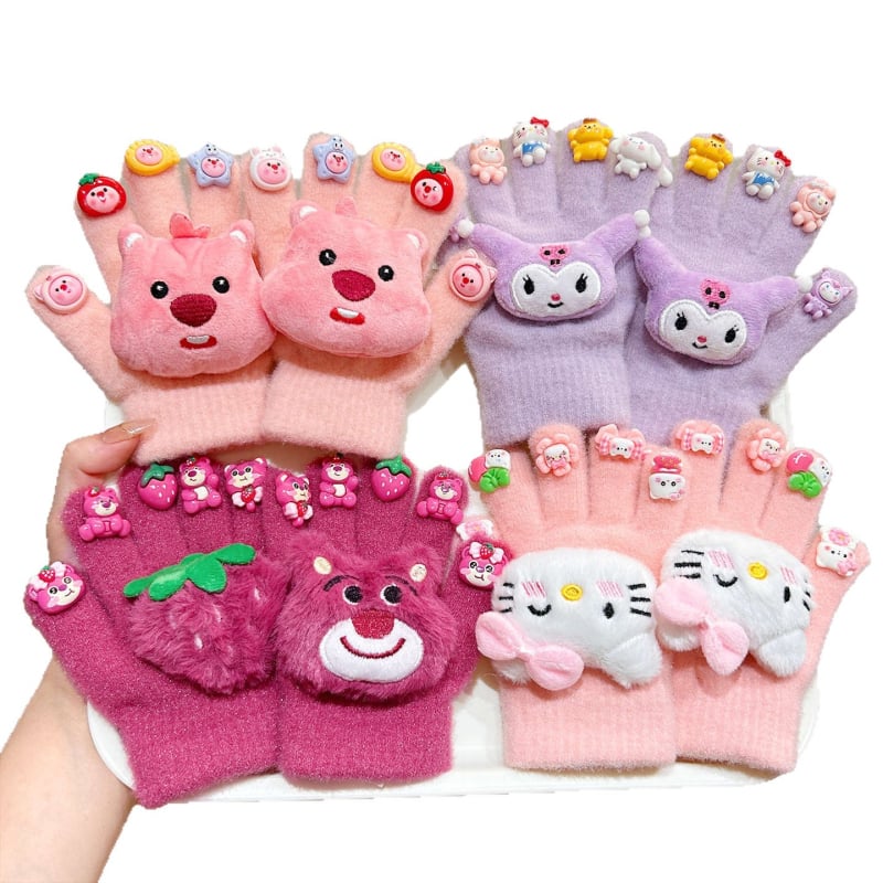 Bērnu ziemas cimdi ar pieciem pirkstiem, pūkaini, karikatūru raksts, atdalīti pirksti, universāls, vecums 3–8 gadi