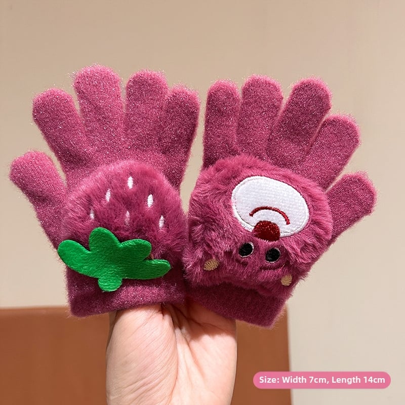 Bērnu ziemas cimdi ar pieciem pirkstiem, pūkaini, karikatūru raksts, atdalīti pirksti, universāls, vecums 3–8 gadi