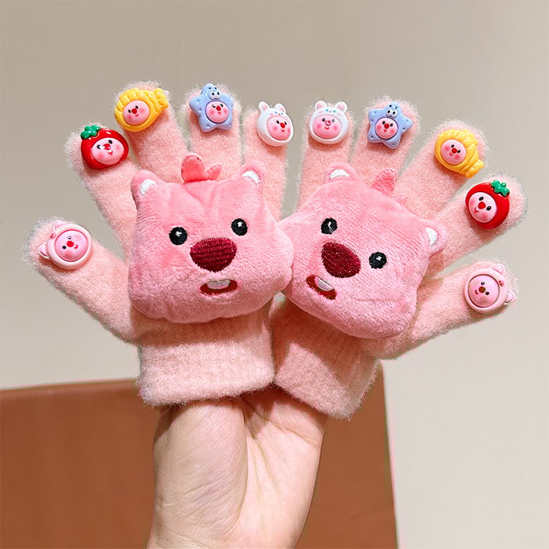 Bērnu ziemas cimdi ar pieciem pirkstiem, pūkaini, karikatūru raksts, atdalīti pirksti, universāls, vecums 3–8 gadi