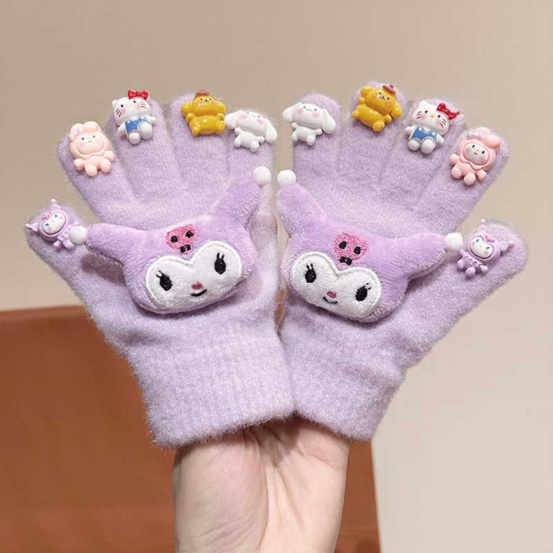 Bērnu ziemas cimdi ar pieciem pirkstiem, pūkaini, karikatūru raksts, atdalīti pirksti, universāls, vecums 3–8 gadi