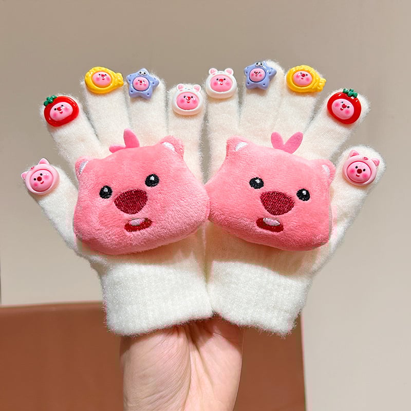 Bērnu ziemas cimdi ar pieciem pirkstiem, pūkaini, karikatūru raksts, atdalīti pirksti, universāls, vecums 3–8 gadi
