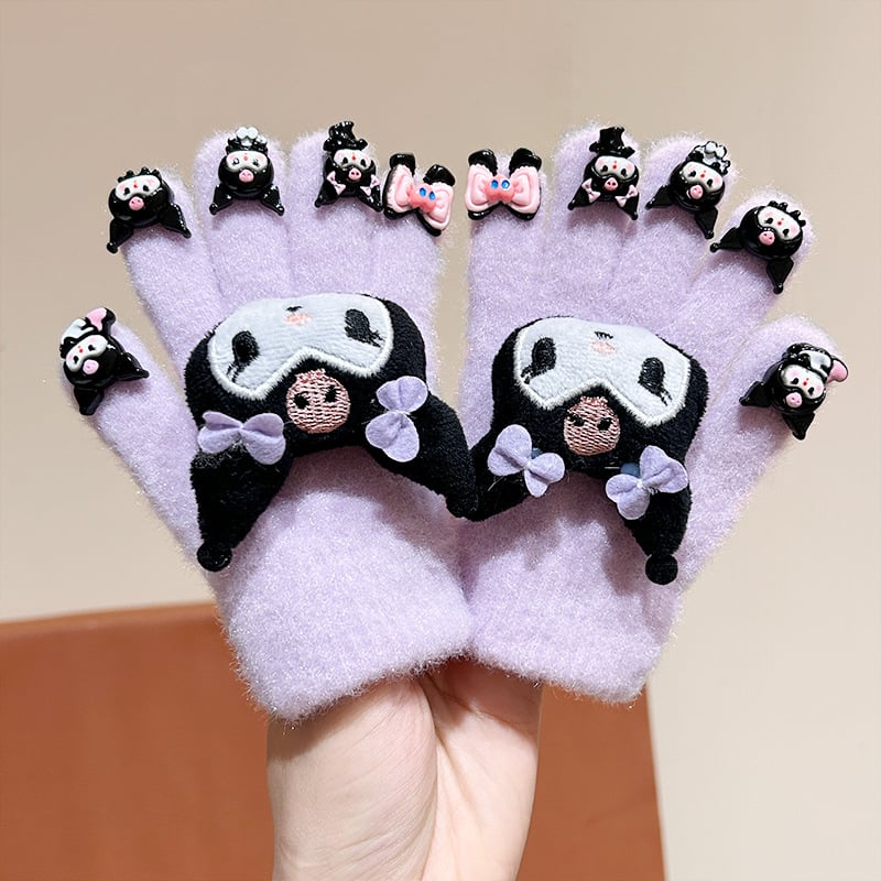 Bērnu ziemas cimdi ar pieciem pirkstiem, pūkaini, karikatūru raksts, atdalīti pirksti, universāls, vecums 3–8 gadi