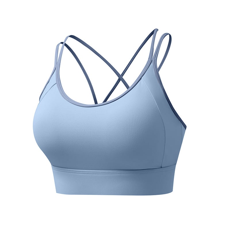 Sporta krūšturis ar fiksētām dubultām plecu siksnām, pilns kauss, vidēja kausa forma, neilona materiāls, ātri žūst un elpo, aizmugurējais aizdare ar trim rindām sprādžu