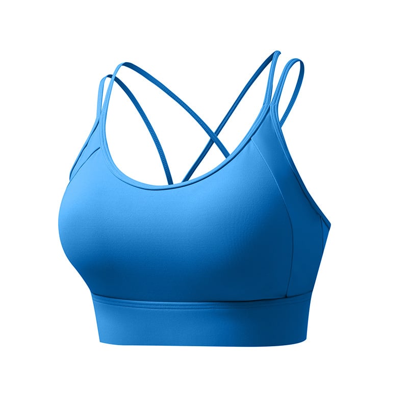 Sporta krūšturis ar fiksētām dubultām plecu siksnām, pilns kauss, vidēja kausa forma, neilona materiāls, ātri žūst un elpo, aizmugurējais aizdare ar trim rindām sprādžu