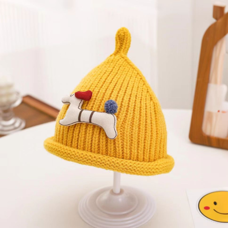 Bērnu adīta vilnas cepure ar karikatūras knupes dizainu (Vilna; Kupola forma; Brims; Saules aizsardzība; Vēja izturība)