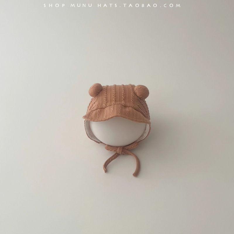 Bērnu pulovera cepure korejiskā stilā ar saules aizsardzību un maigāku ausu aizsardzību, no akrila (>96%), piemērota vecumam 0–12 mēneši, pavasaris–rudens.