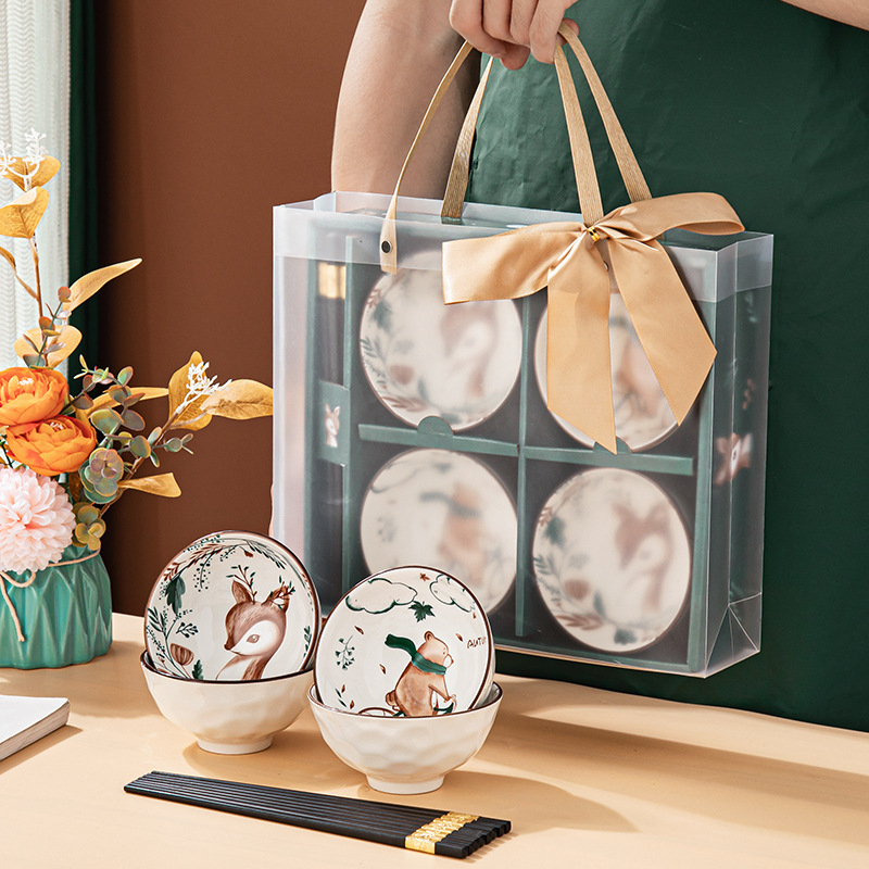 Keramikinis ryžių dubenėlis su lėkštele ir lazdelėmis, 350 ml talpa, po glazūra raštas, tinkamas mikrobangų krosnei, logotipo spausdinimas, dovana