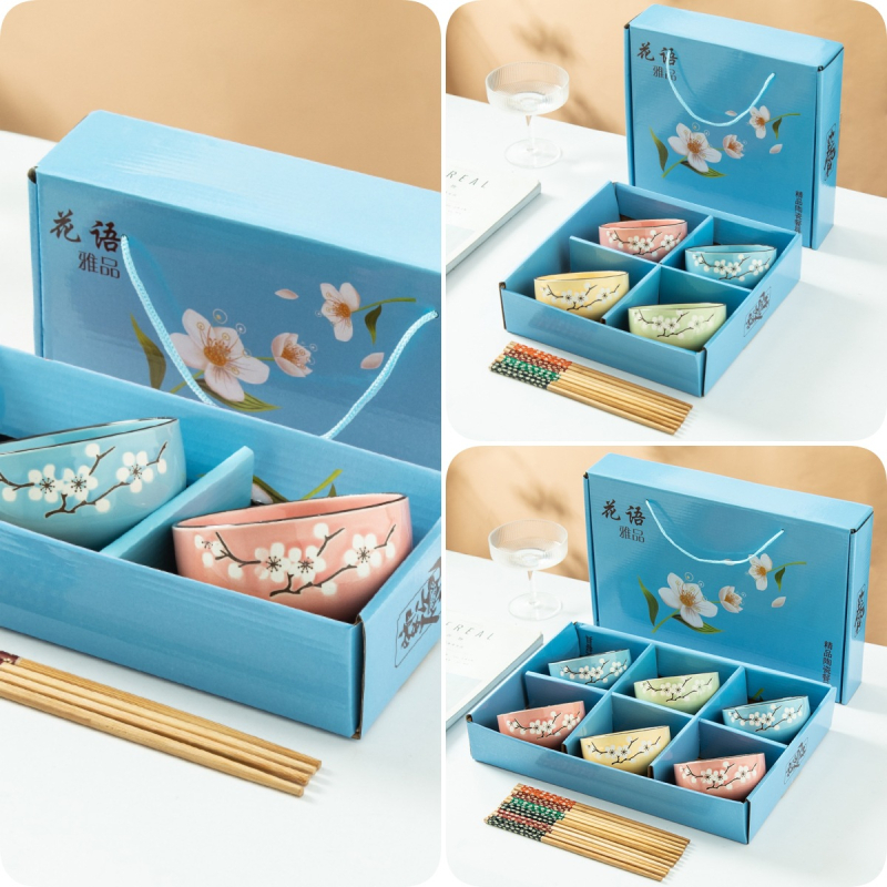 Keramikinis ryžių dubenėlis su lėkštele ir lazdelėmis, 350 ml talpa, po glazūra raštas, tinkamas mikrobangų krosnei, logotipo spausdinimas, dovana