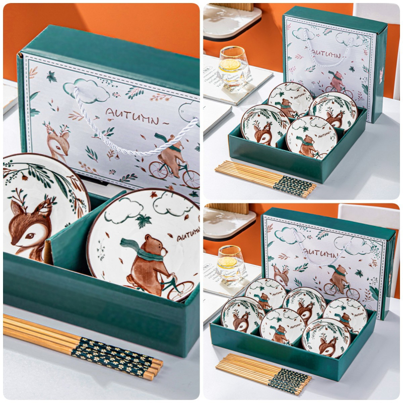 Keramikinis ryžių dubenėlis su lėkštele ir lazdelėmis, 350 ml talpa, po glazūra raštas, tinkamas mikrobangų krosnei, logotipo spausdinimas, dovana