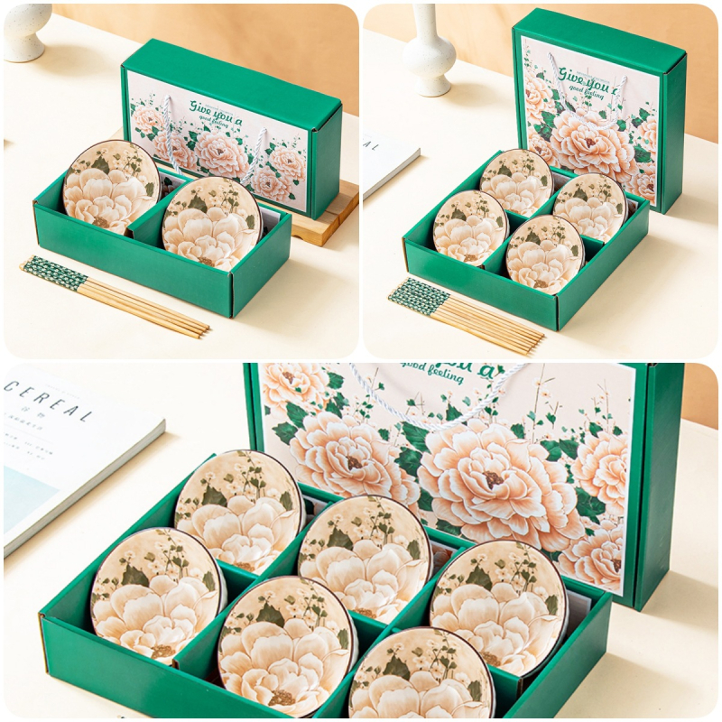 Keramikinis ryžių dubenėlis su lėkštele ir lazdelėmis, 350 ml talpa, po glazūra raštas, tinkamas mikrobangų krosnei, logotipo spausdinimas, dovana